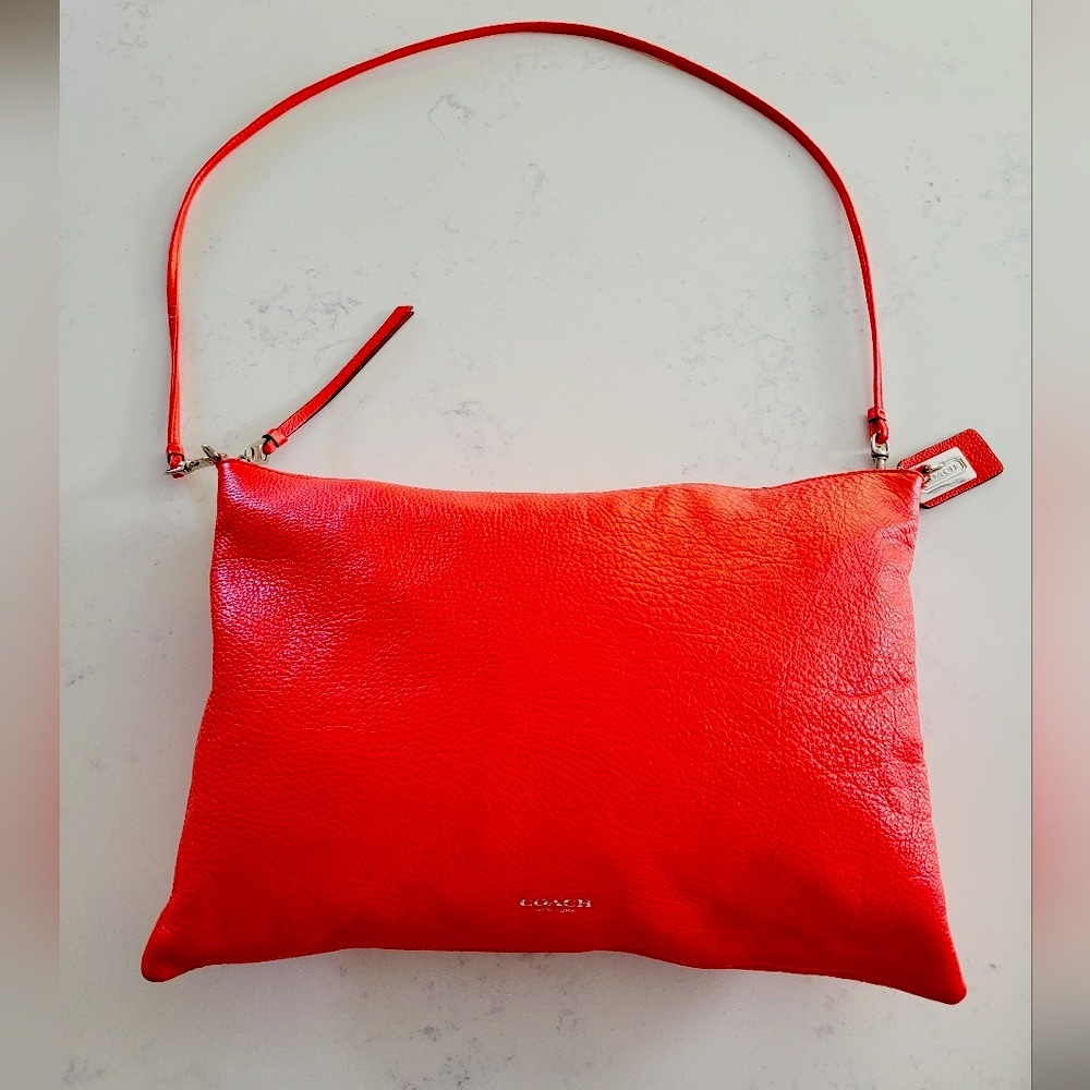 Coach Red Pebbled Leather Crossbody Bag Silver Hardware Foldover Clutch